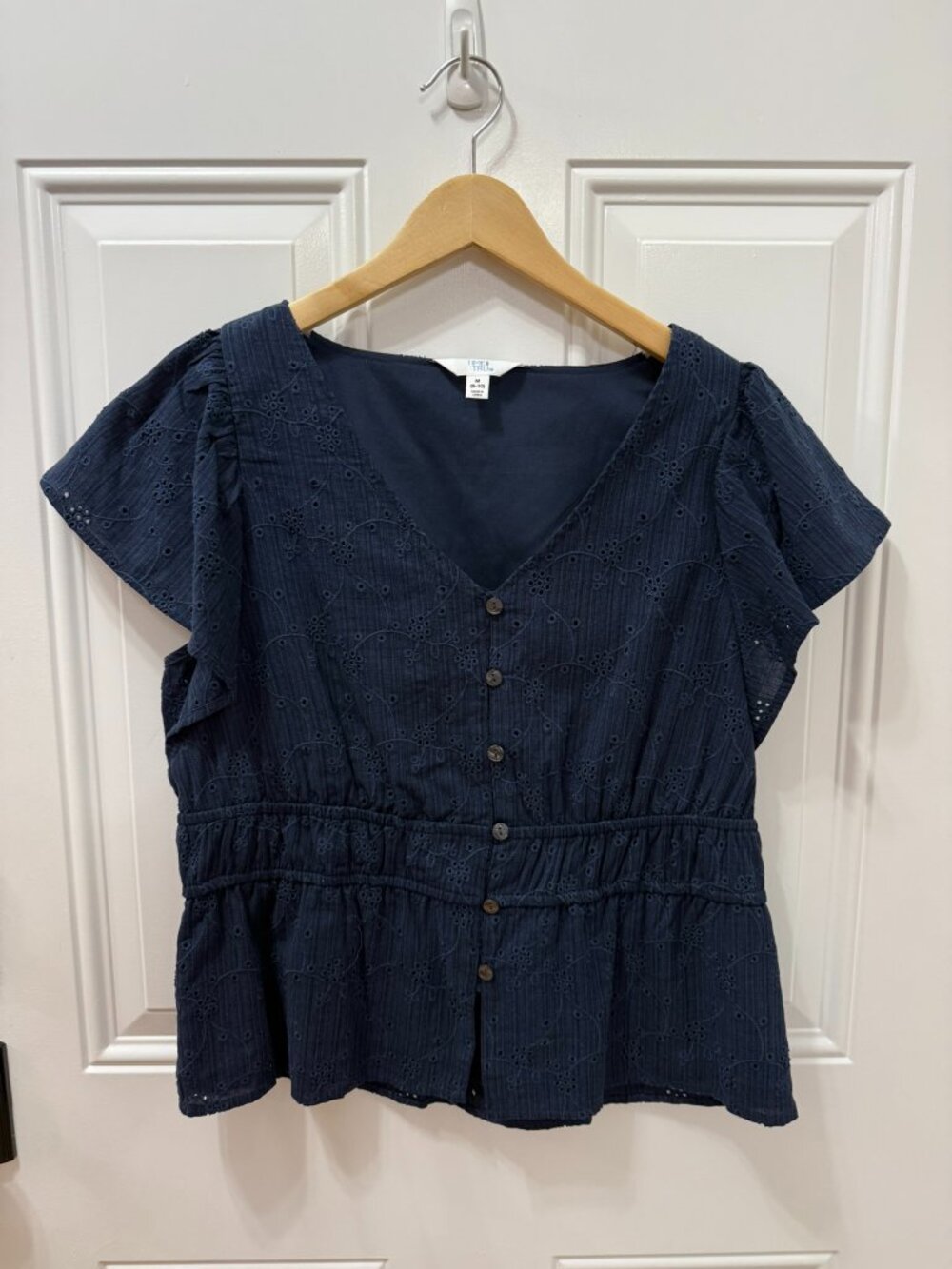 Navy Eyelet Peplum Blouse Flutter Sleeve Size M(8/10) - Picture 3 of 6